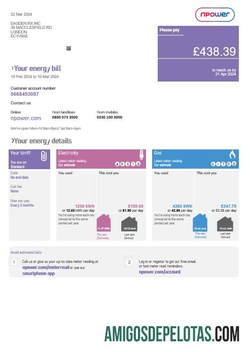 realista Modelo de conta de serviços públicos Npower do Reino Unido em formatos Word e PDF